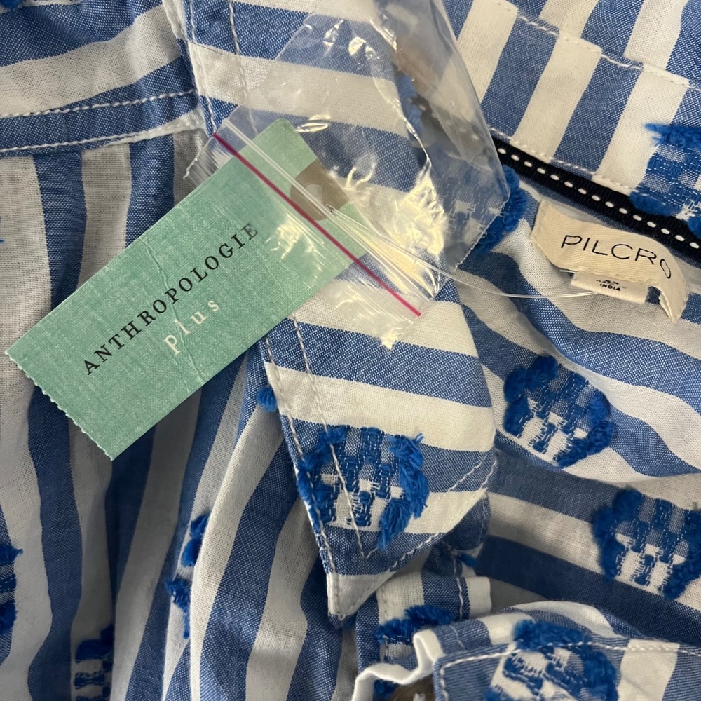 Anthropologie Pilcro Plus 3X Blue White Striped Tufted Button Down Top NEW - Picture 9 of 11